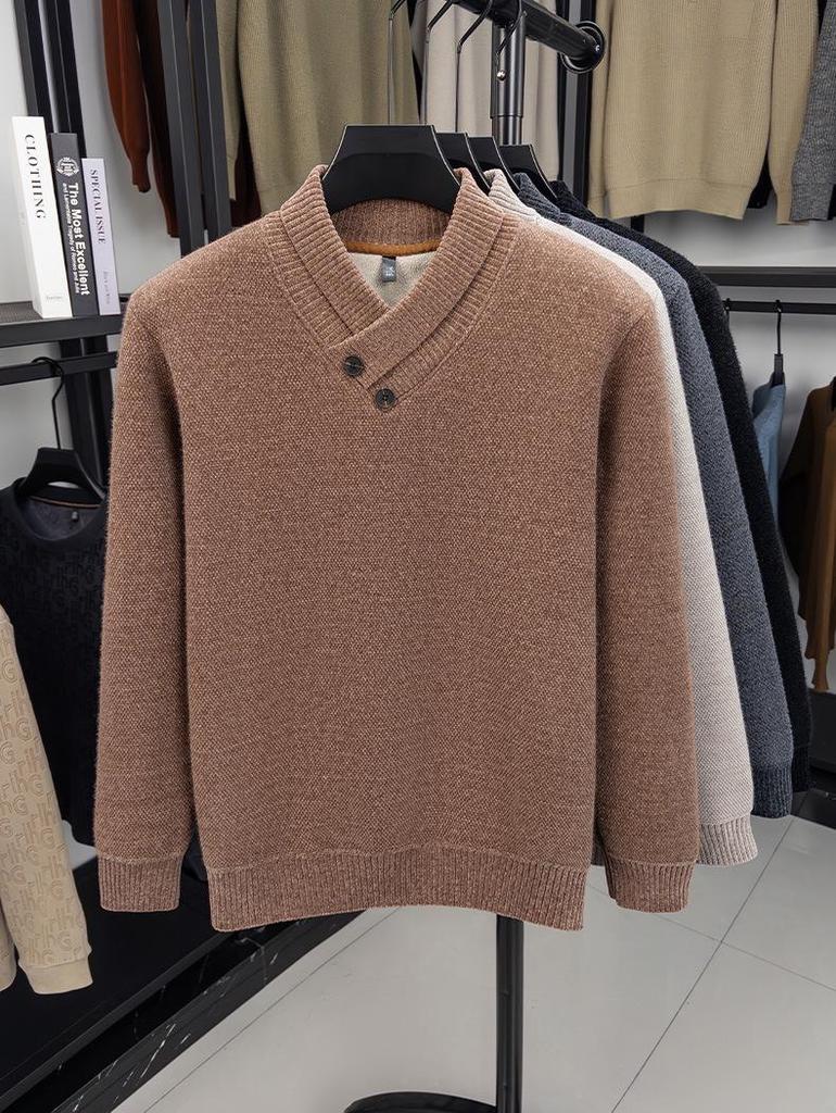 Men's Korean Style Knit Sweater with Velvet Lining - Autumn/Winter Warmth