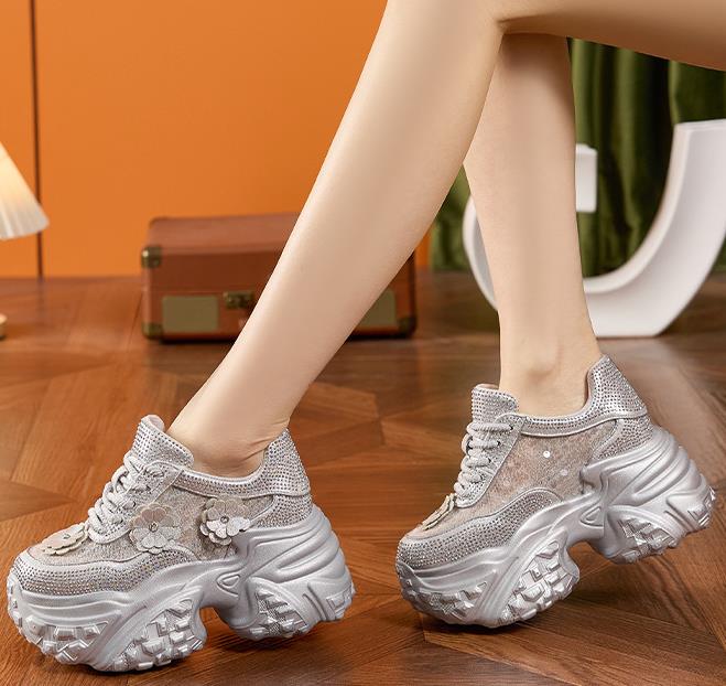 Fashion High  10CM Air Mesh Synthetic Leather Bling Casual Platform Wedge Flats Women Vulcanize Hollow Summer Chunky Sneakers Shoes