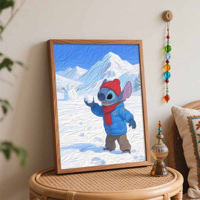 Disney Stitch Winter Snow Scene Digital Oil Painting Art Kit Hand Filled Home Decor