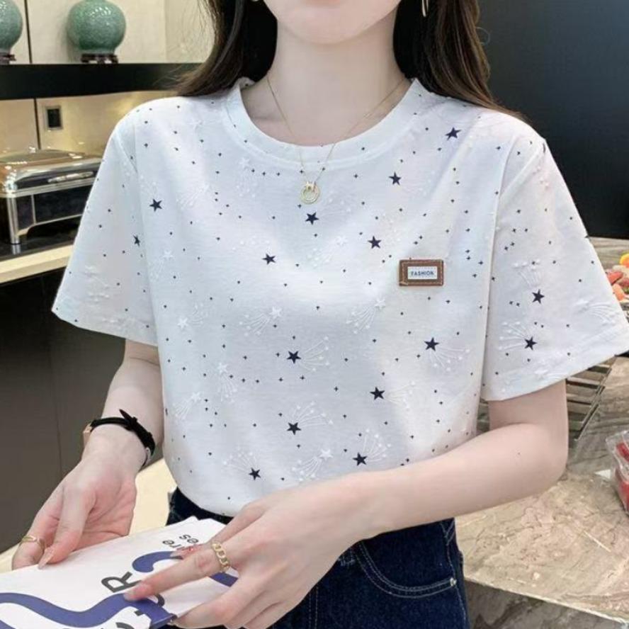 Women's Fashion Casual Summer Spring Star Print Short Sleeve O-Neck Blouses & Shirts