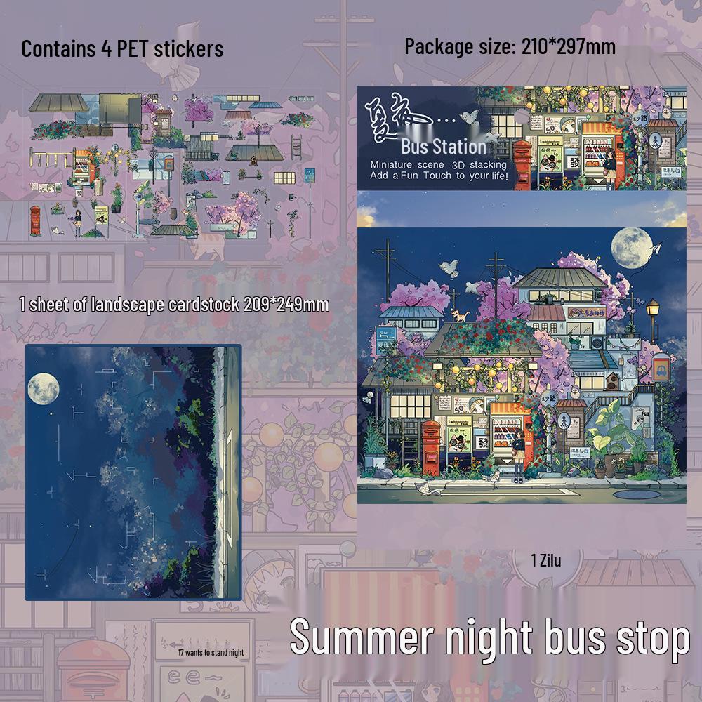 Summer Night Bus Stop Scenery Stickers - 4 Large PET Sheets for DIY Miniature Scenes and Journals