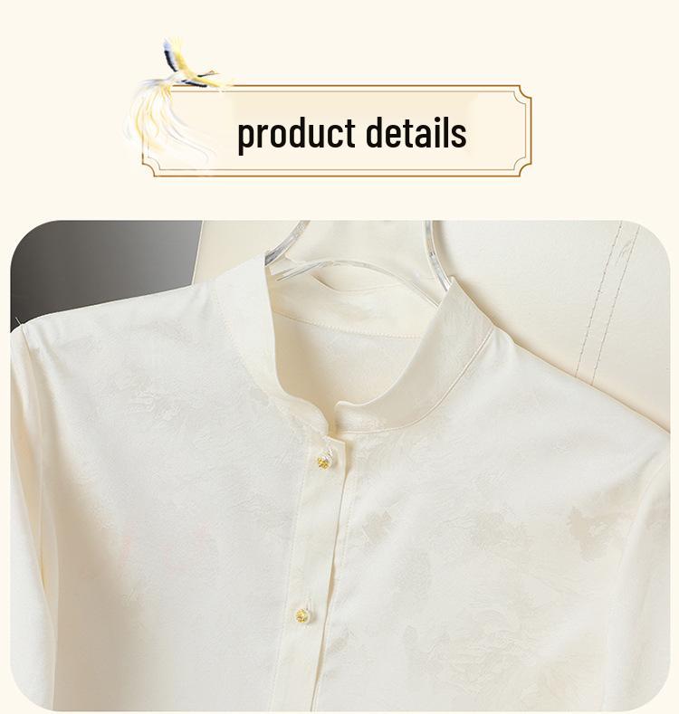 Women's Jacquard High Collar Satin Shirt, Chinese Style Long Sleeve Temperament Top for Spring.