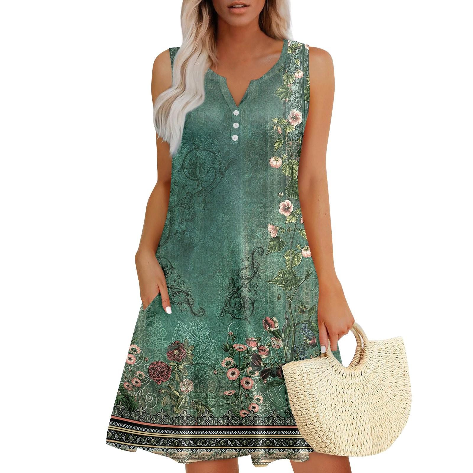 

Жіночі літні сукні з V-подібним вирізом без рукавів Сарафани Сукня з кишенями XXXL