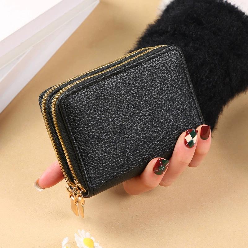 

Rfid Card Holder Double Zipper Women Wallet Pu Leather Organ Card Bag Purse Large Capacity Multi-Solt Bank Card Cover Business Card Clip With Window