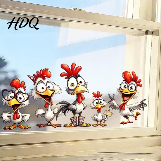 Durable Home Window Stickers Cartoon Rooster Static Glass Sticker Funny Roosters Clings PVC Removable Decorative Farmhouse Film Decal Waterproof
