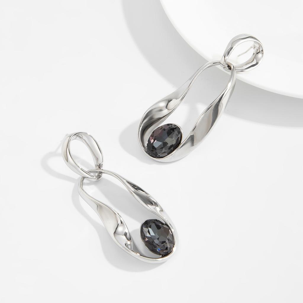 18K Silver Plated Two Tone Crystal Pendant Earrings, Stainless Steel Large Gemstone Declaration Earrings, Women's Modern Jewelry
