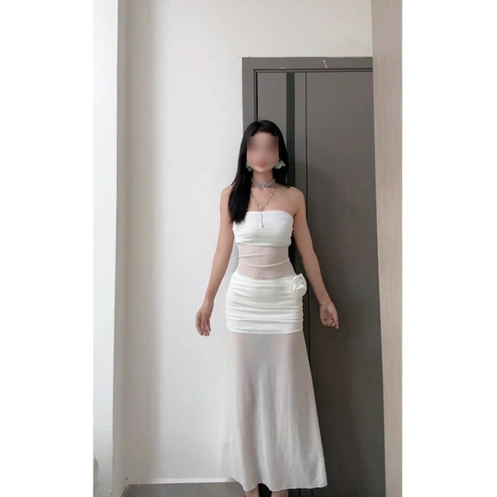Internet celebrity live streaming host super fairy romantic mesh stitching tube top dress women's three-dimensional flower slim hip skirt