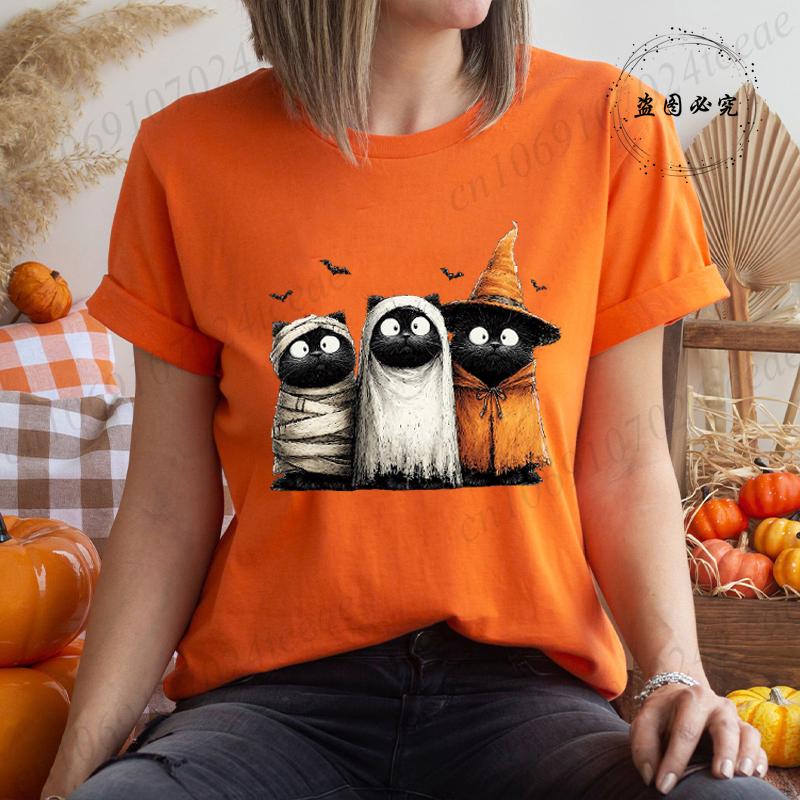 Womens New Fashion Clothes Tshirt Halloween Cat Graphic T Shirts Tops Witch Cats Pumpkin Harajuku Vintage Tee Shirts Clothes