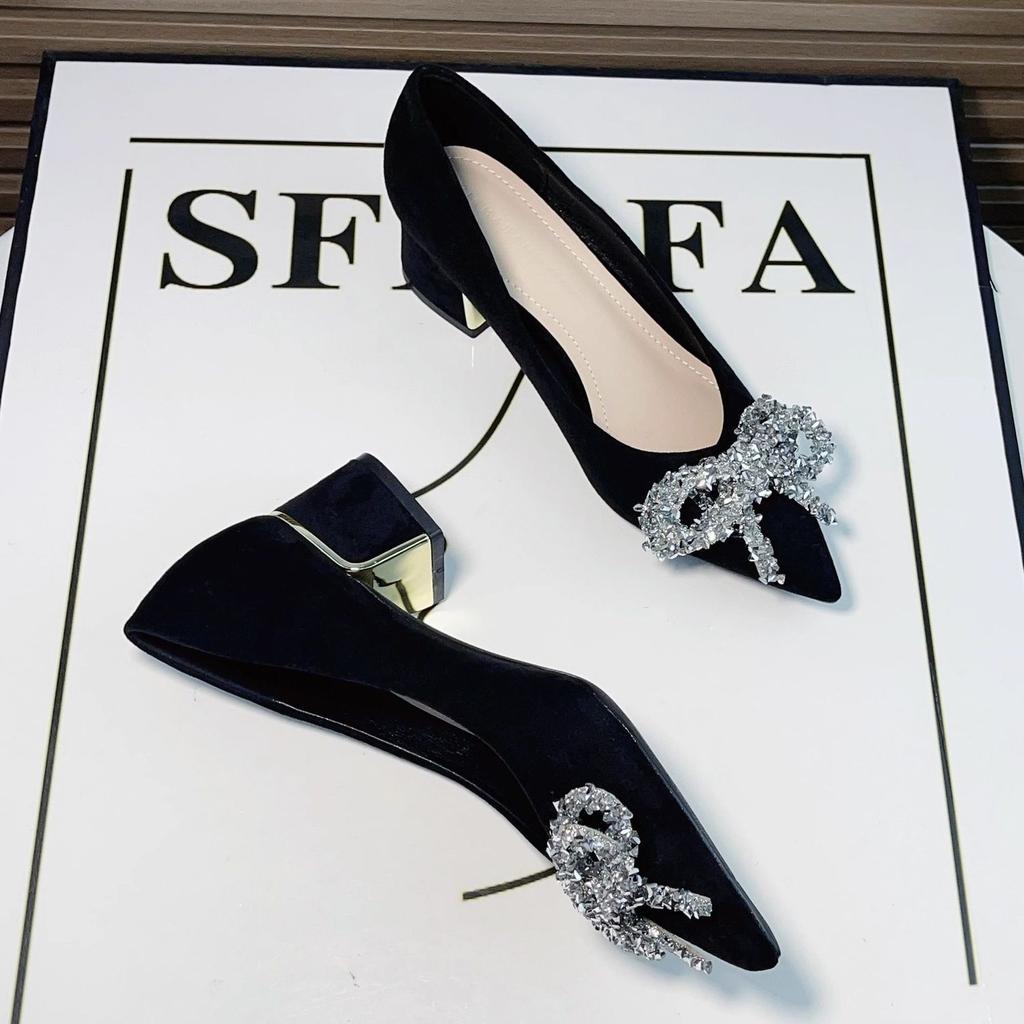 Black high heels women's spring summer French new suede pointed thick heel single shoes rhinestone temperament occupation