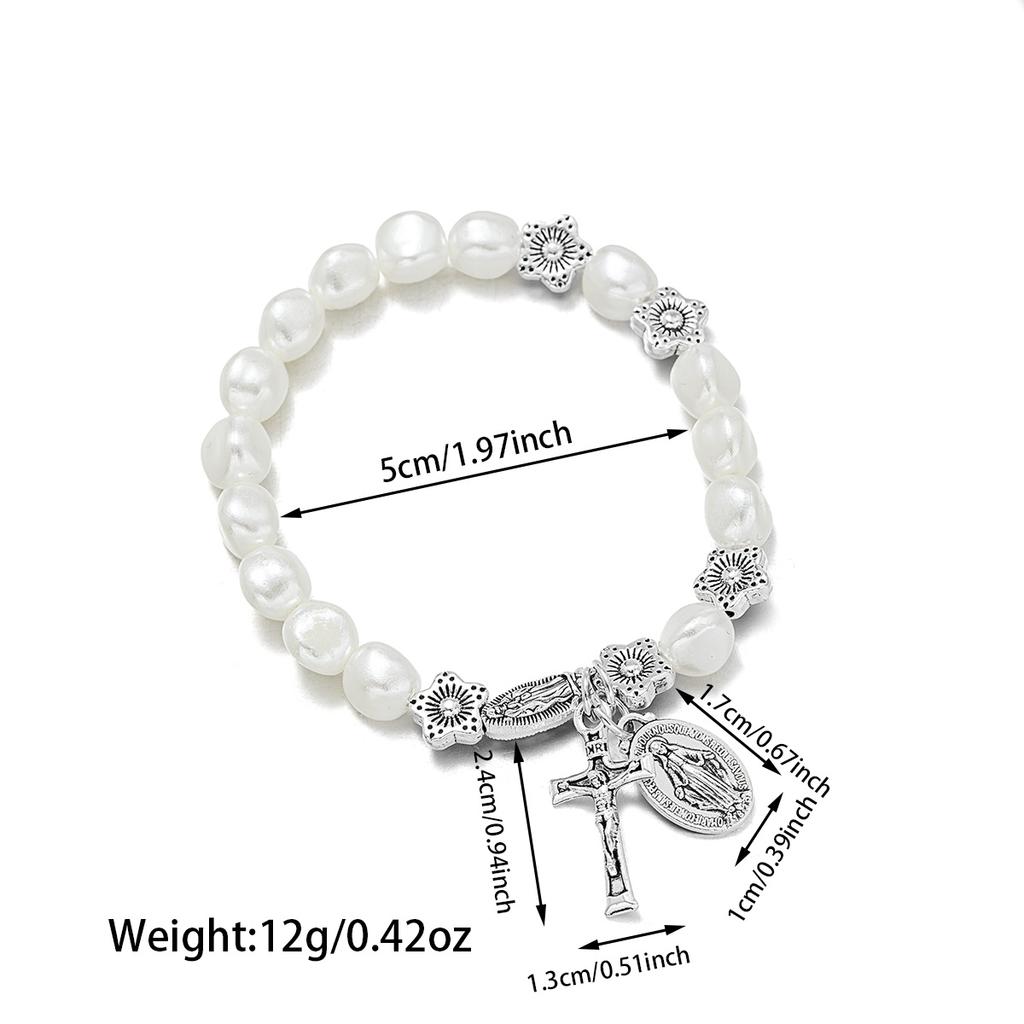 1 piece of retro fashion alien imitation pearl flower bracelet with cross, Jesus tag, tassel, unisex, versatile for daily wear