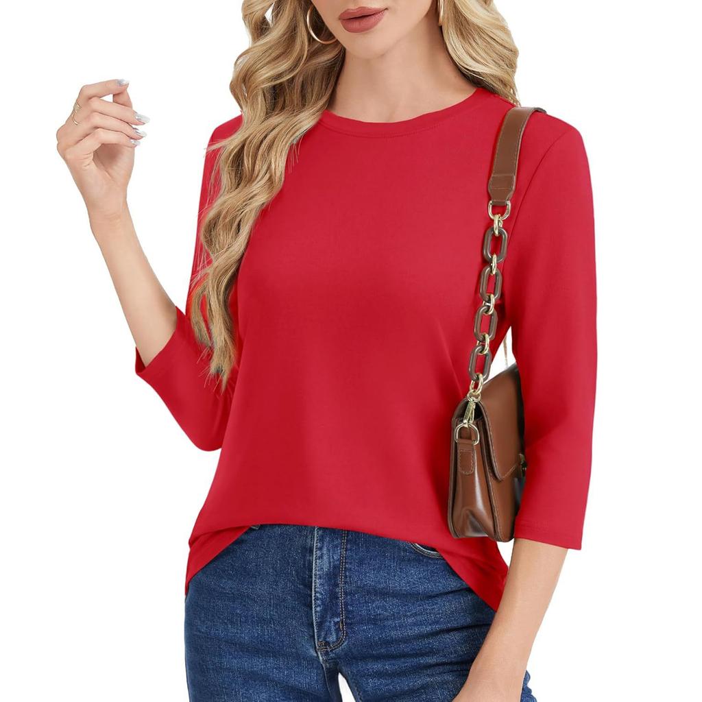 Women Casual Pullover T Shirt 3/4 Sleeve Crew Neck Lightweight Soft Fabric Relaxed Fit Top for Everyday Wear