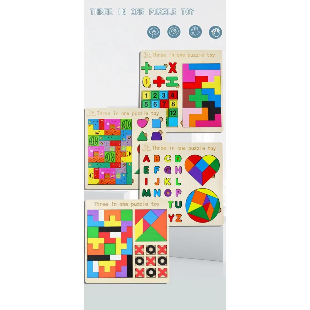 3 In 1 Wooden Puzzle Toy Color Shape Cognition Brain Games for Children Wood Jigsaw Puzzles Toys Tangrams for Children Kids