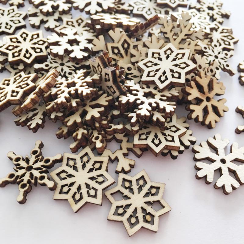 25mm Christmas Snowflake Wooden Buckle Chips DIY Craft Accessories, 50pcs/bag, In Natural Log Color