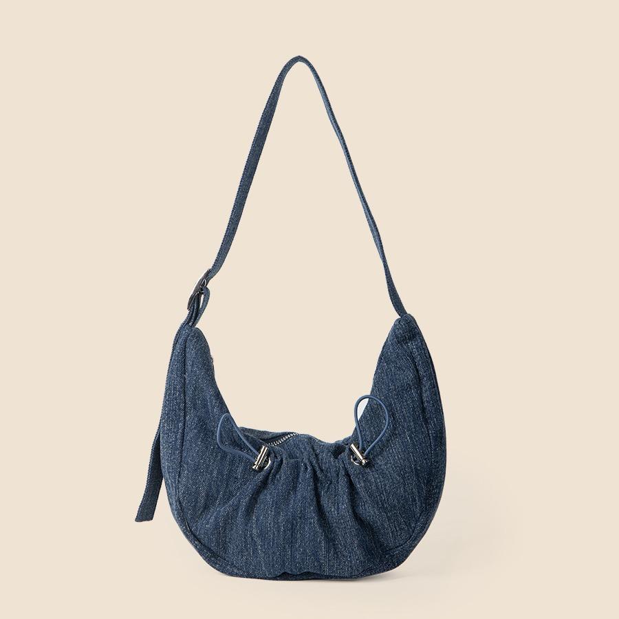 Underarm One-shoulder Crescent Bag Women's Summer All-in-one Drawstring Pleated Denim Bag