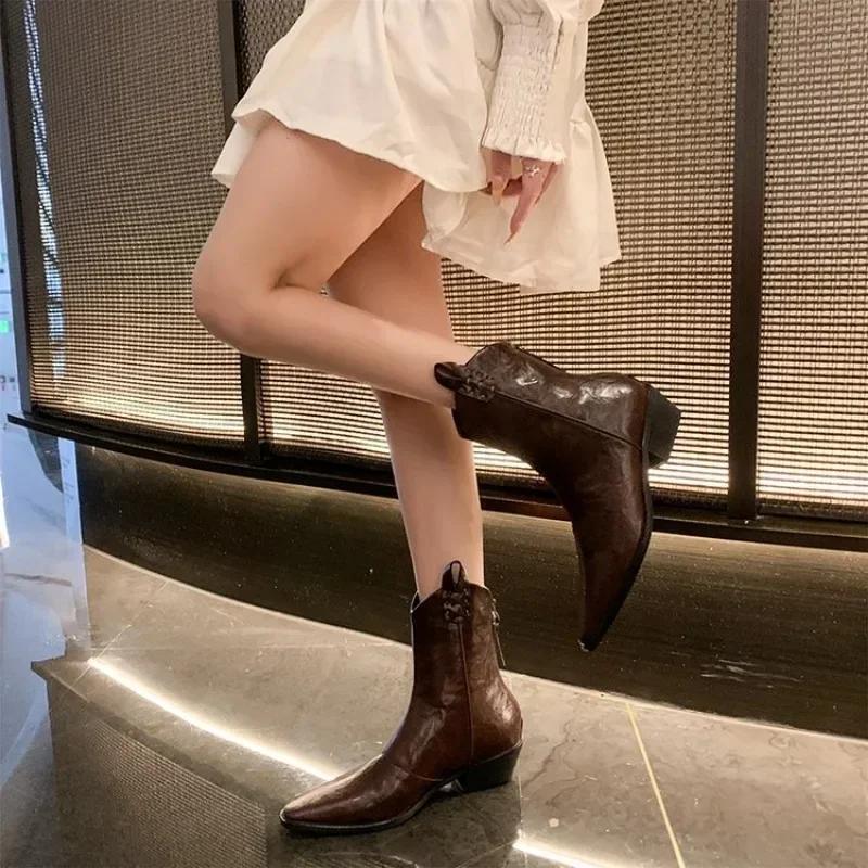 Fashion 2024 Autumn/winter Women Boots Genuine Leather Western  Women Shoes Pointed Toe Chunky Heel Chelsea Boots Retro Ankle Boots