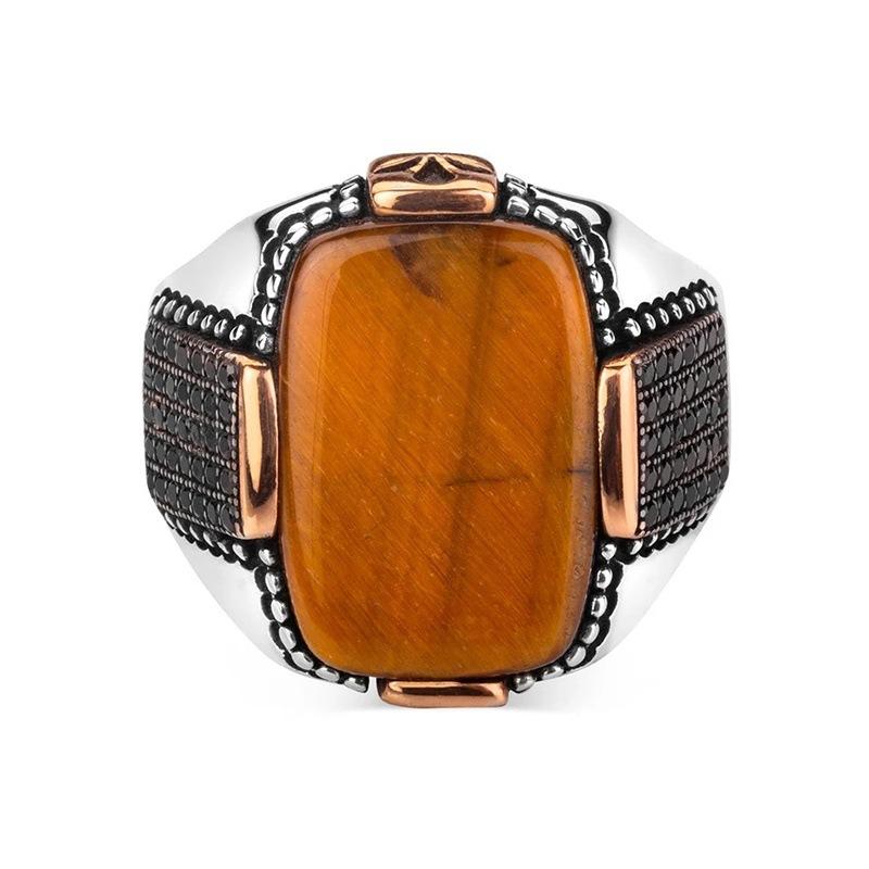 Vintage Tiger Eye Stone Two-tone Men's Fashion Jewelry Black Zircon Ring