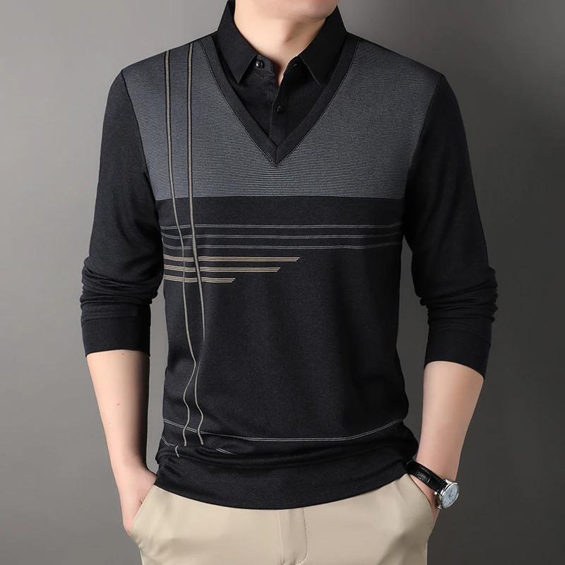 Browon Falsk Tvådelad Herr T-shirts 2025 Vår Och Höst Randigt Tryck Långärmad T-shirt Toppar Herr Business Casual Herrkläder