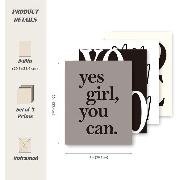 LARTSFRO Trendy Black and White pirational Wall Art Prints Set of 4, Girly Room Decor, Neutral Motivational Positive Artwork Posters Wall Decor for