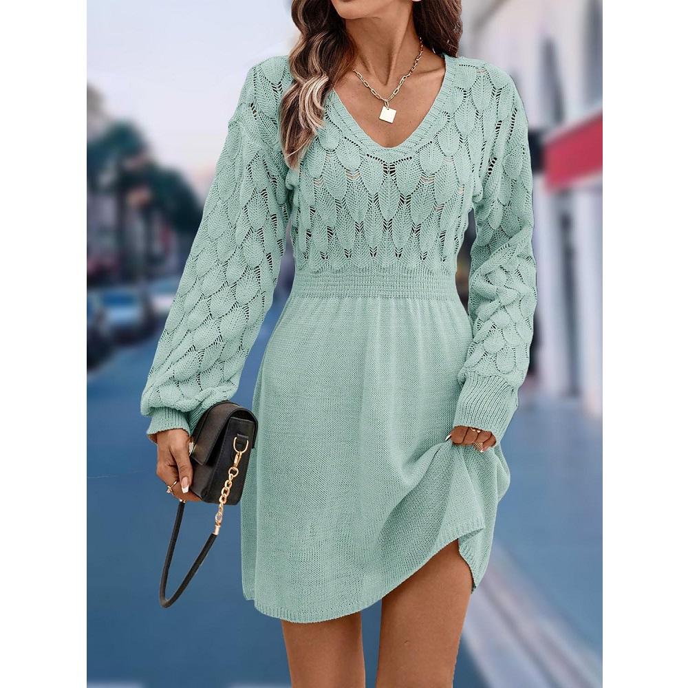 LYRIA Women Autumn Winter Sweater Dresses V-neck 3D Crochet Knitted Long Pullovers Sweaters Dress