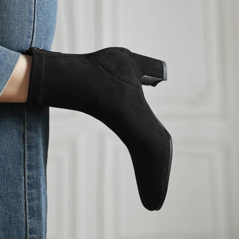 New elastic suede large size women's boots solid color high heel medium boots women's rear zipper beef tendon soft bottom Korean version fashion boots