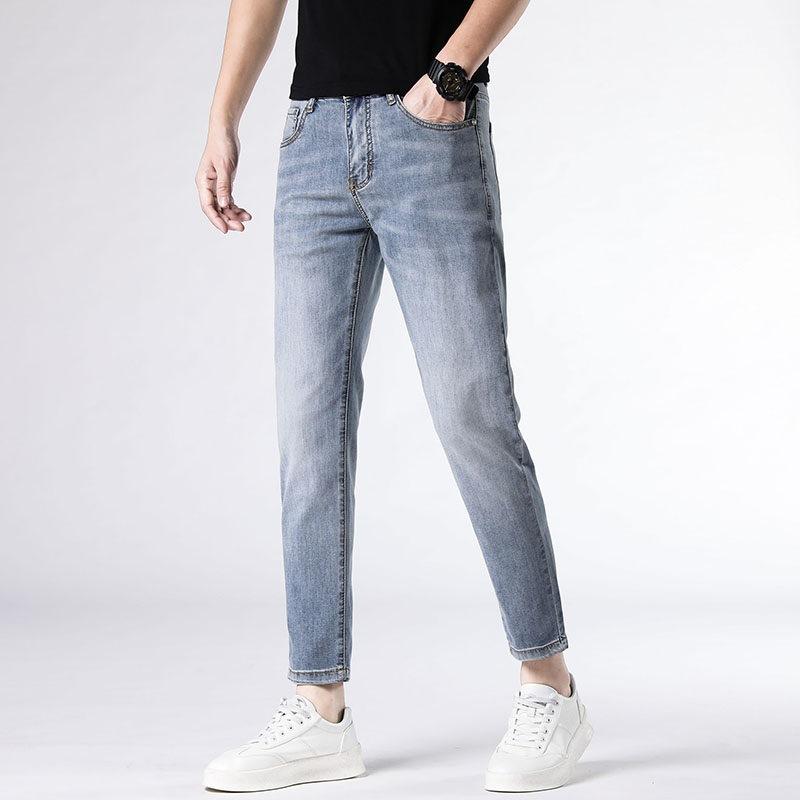 

Весенне-летние светло-голубые джинсы длиной 9/10, мужские новые облегающие стрейч брюки длиной 9/10 38