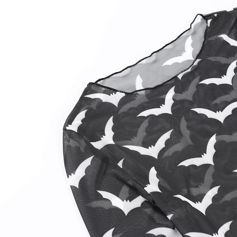 Gothic See Through Mesh Bat Long Sleeve T-Shirt Fairy Grunge Elegant Fungus Edge Basic Tee Elf Girl O-Neck Dress Up Top