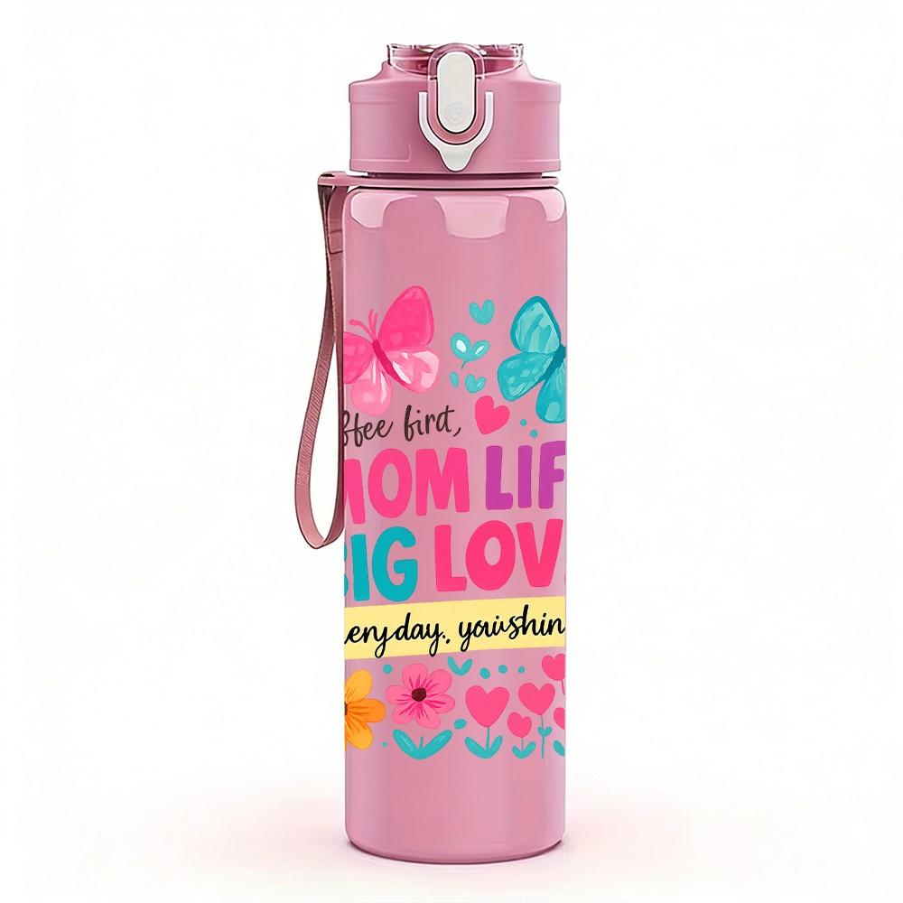 1PC Mom Life Big Love Butterfly Pattern 750ml Color Plastic Sports Water Bottle Leakproof Flip Straw Lid Suitable for Sports Office Home Use