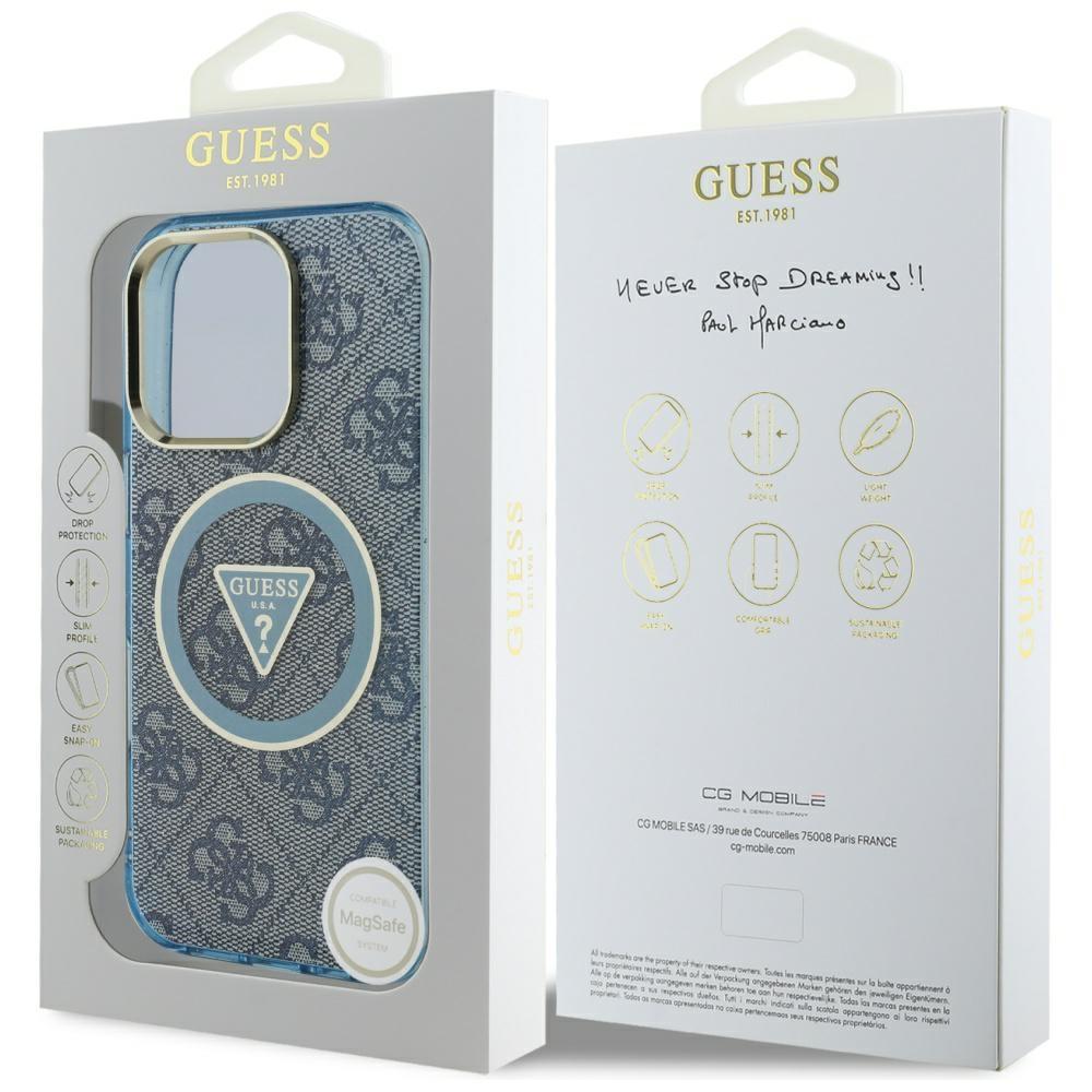 Guess IML Metal Glitter 4G Circle Triangle MagSafe Case for iPhone 16 Pro Max blue