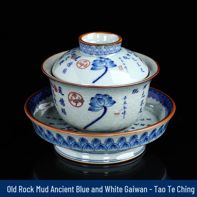 Retro Blue and White Old Clay Porcelain Gaiwan Tea Bowl