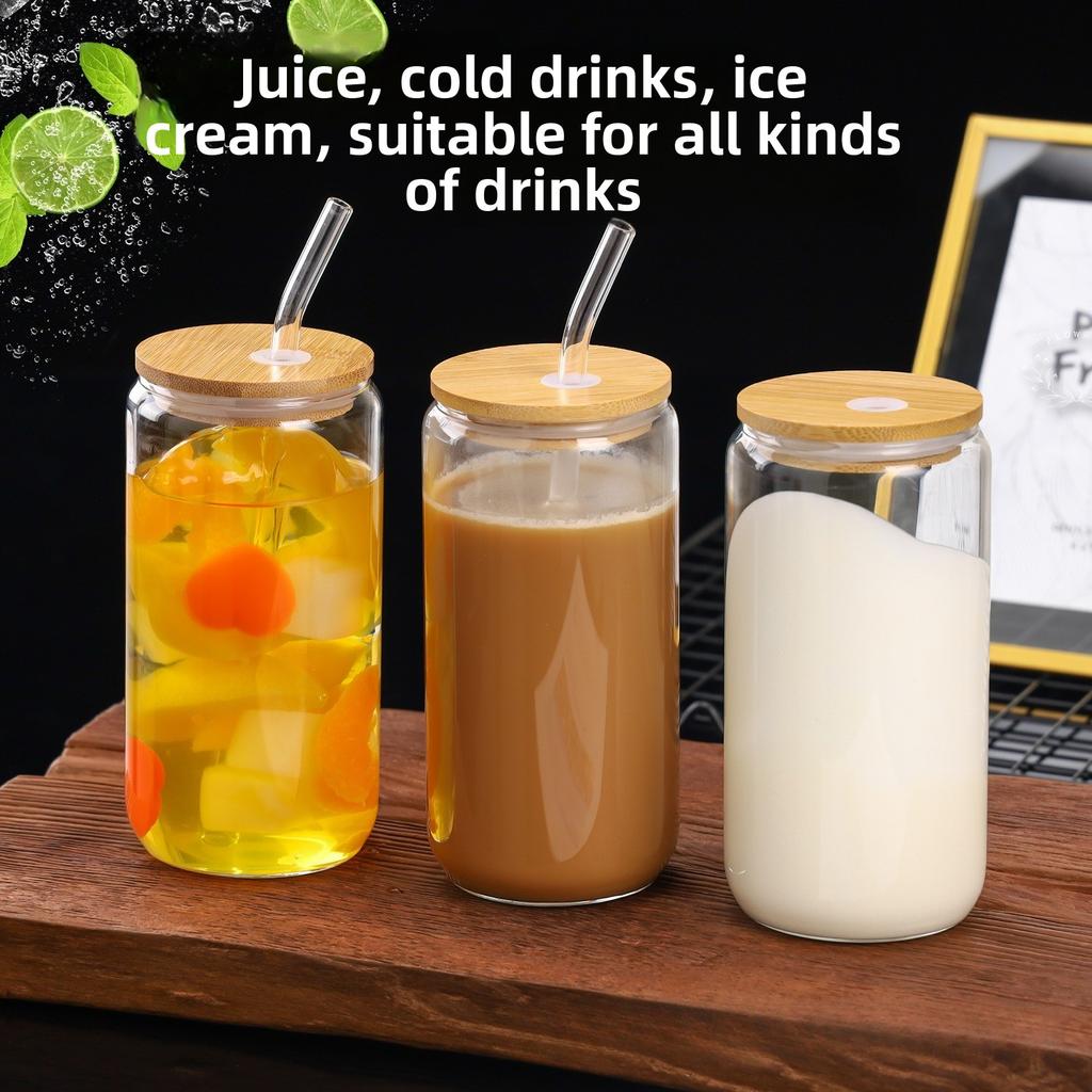 16oz Borosilicate Glass Cup Heat Resistant Cola Cup Beverage Juice Milk Tea Drinking Cup with Bamboo Wooden Lid