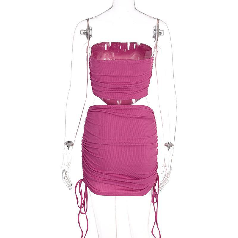 European and American Spring/summer Fashion Sexy Strapless Slim Fit Drawstring Waist Lifting Skirt Set