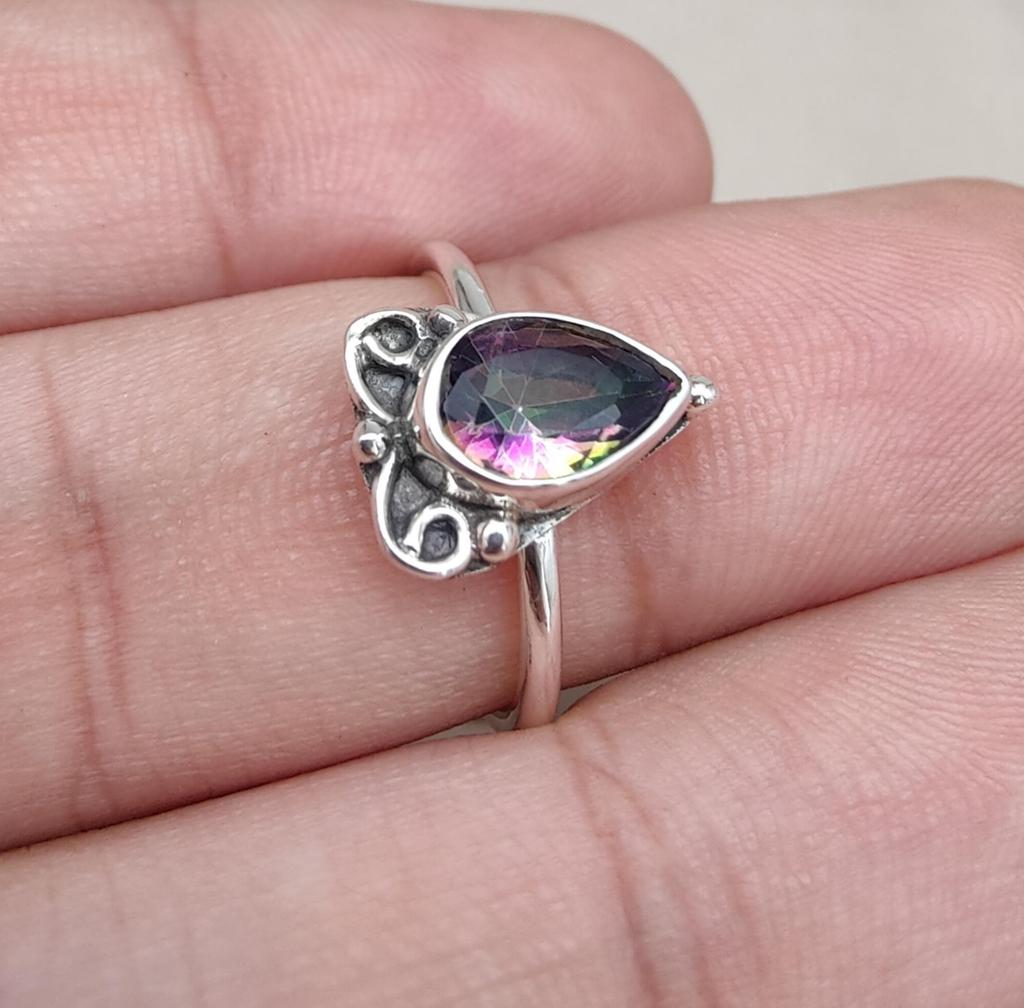 Mystic Topaz Sterling Silver Ring: Rainbow Pear Cut Boho Jewelry