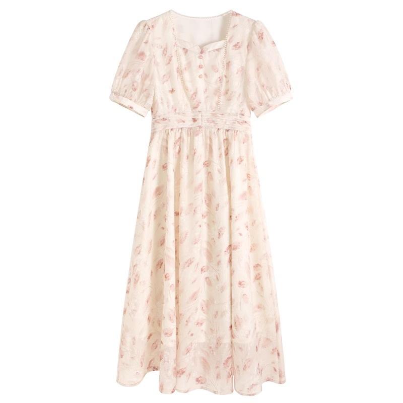 New Chinese Floral Dress Women's 2026 New Summer Beautiful Gentle Wind Square Neck Short-sleeved Skirt