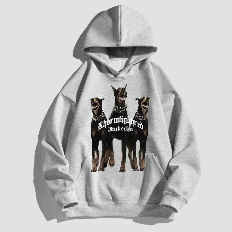 Autumn Unisex's Hooded Sportswear Doberman Print Retro Pullover Hoodies Fashion Casual Couple's Streetwear Unisex Oversized Clothes