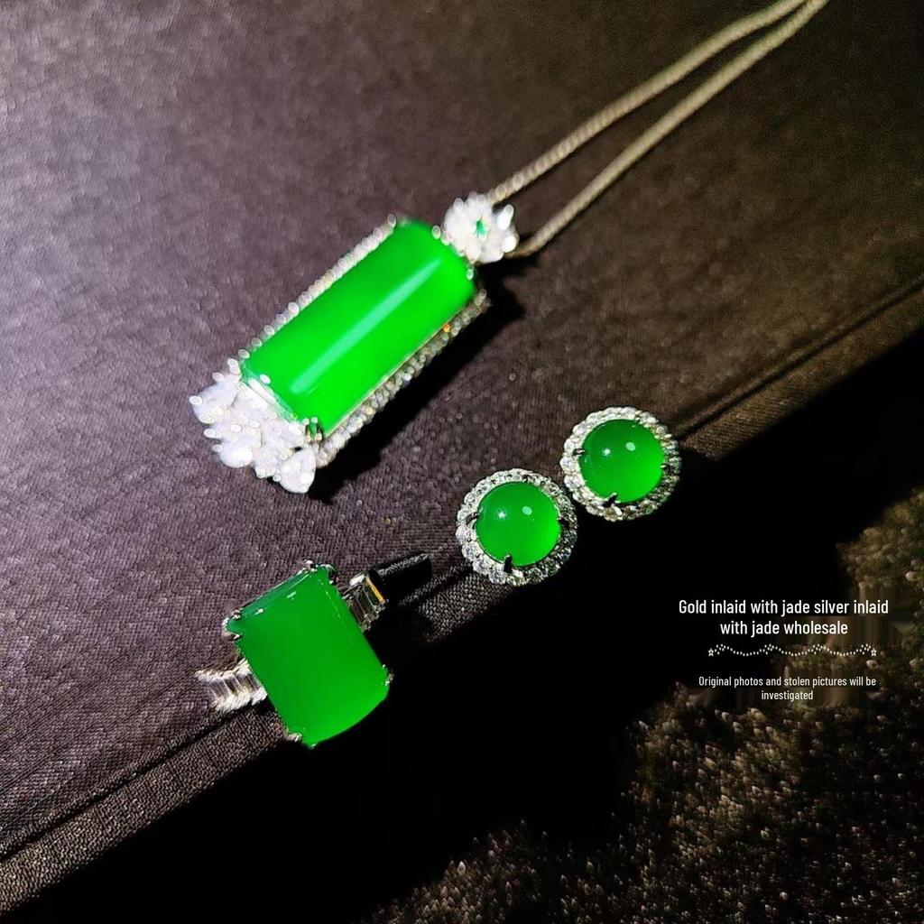 Emerald Imperial Green Agate Jewelry Set: Pendant, Earrings & Square Ring