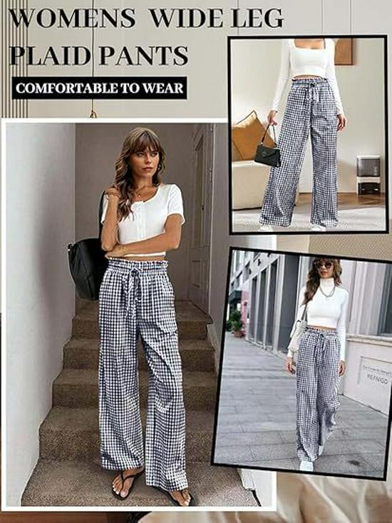 European Plaid Women's Wide-Leg Elastic High-Waist Pajama Pants with Drawstring
