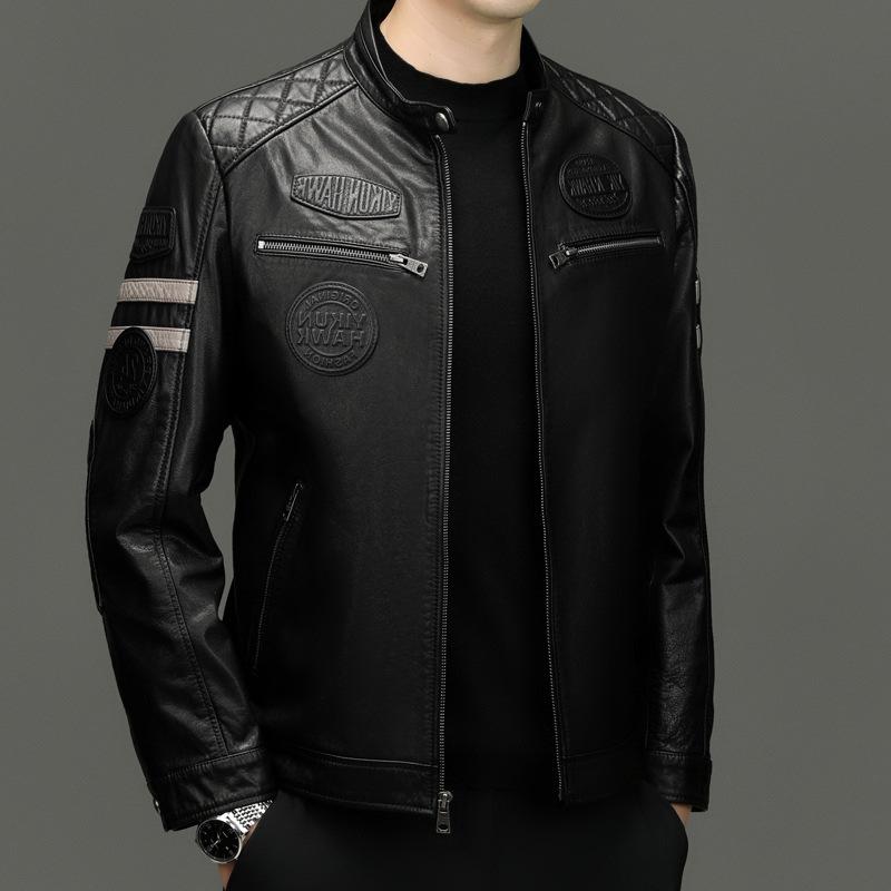 Leather leather jacket middle-aged fashion casual leather jacket autumn and winter new stand-up collar trend locomotive clothing cowhide jacket