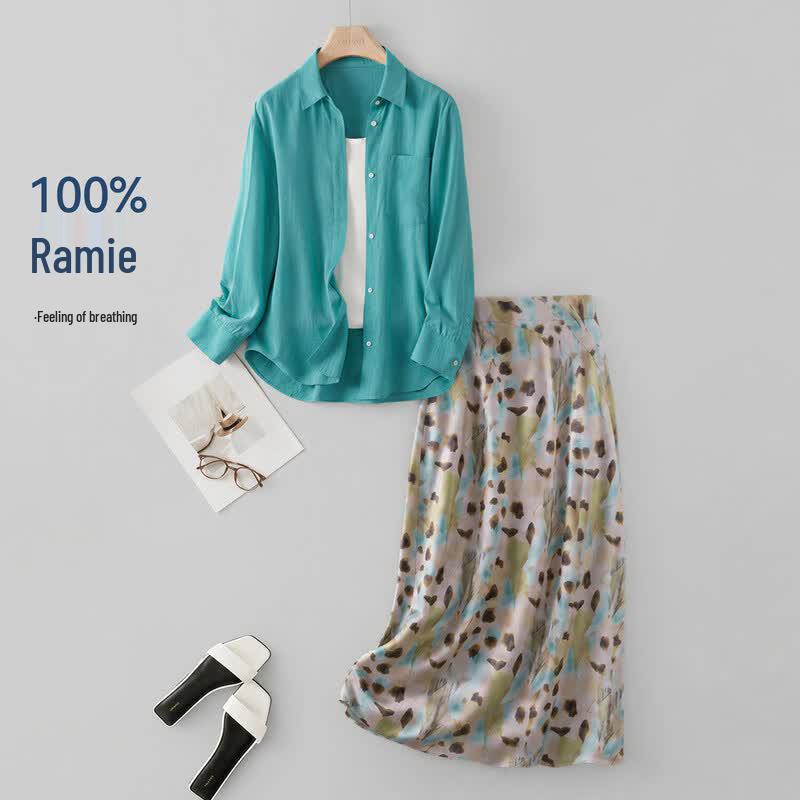 IHIMI Women s Ramie Blend Floral Shirt & Skirt Set XL
