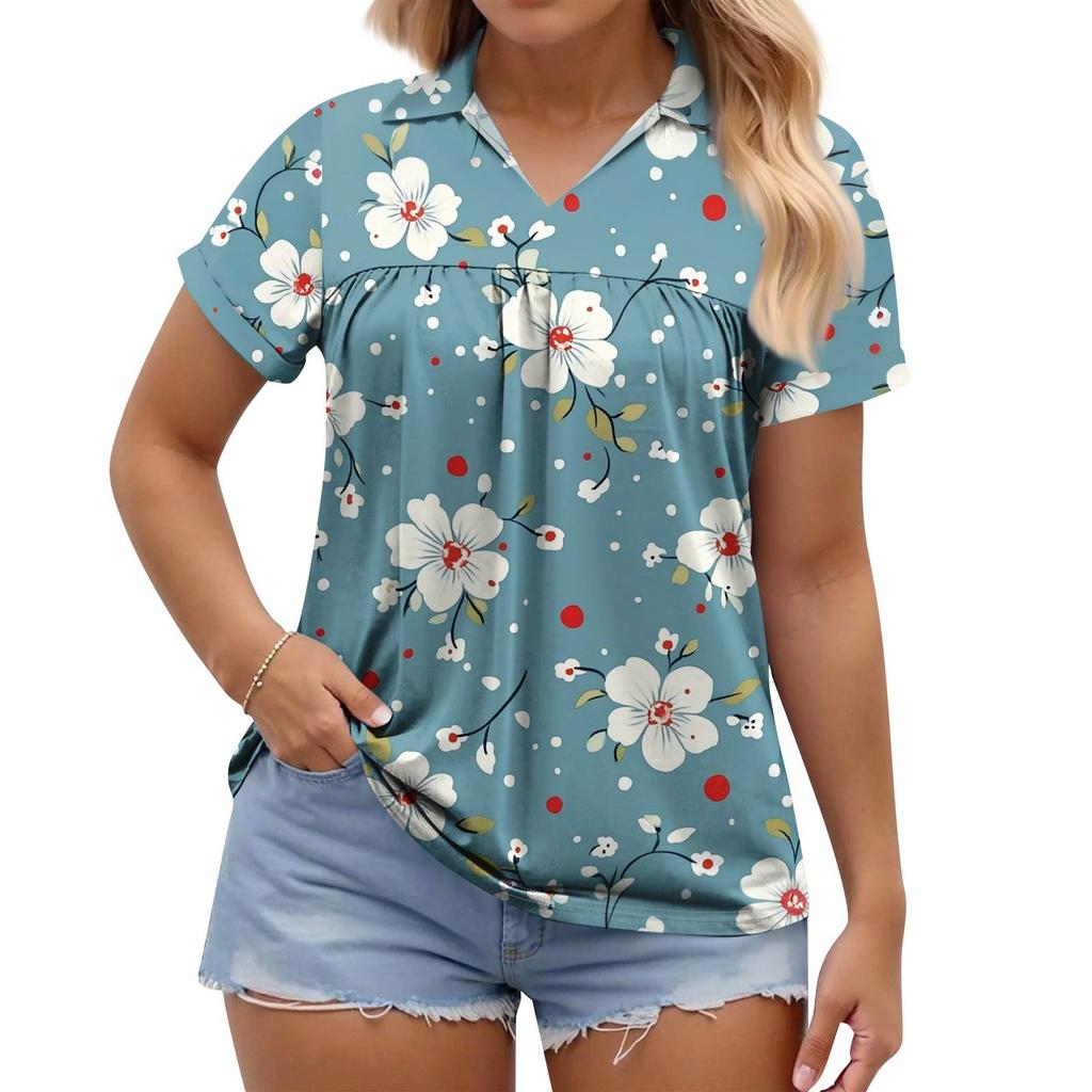 Women's Fashion Casual Printed V-Neck Short Sleeve Large Size T-Shirt Top