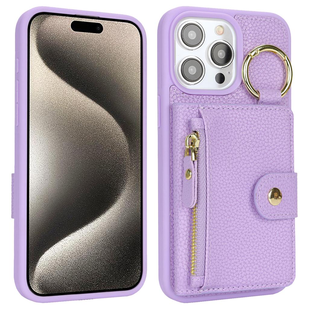 For iPhone 15 Pro Max Case Litchi Textured PU Leather + TPU Kickstand Phone Cover with Card Slot