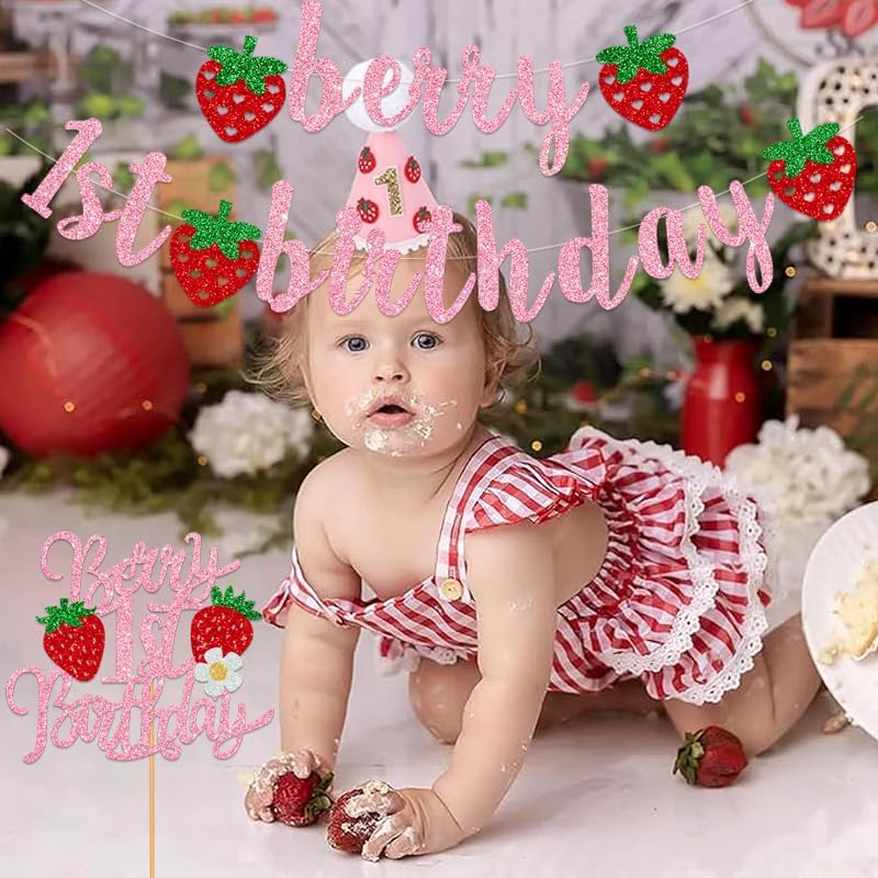 Berry First Birthday Decorations Banner Glitter Strawberry Happy 1st Banner Berry Birthday Cake Topper for Strawberry Theme Baby Shower y Party