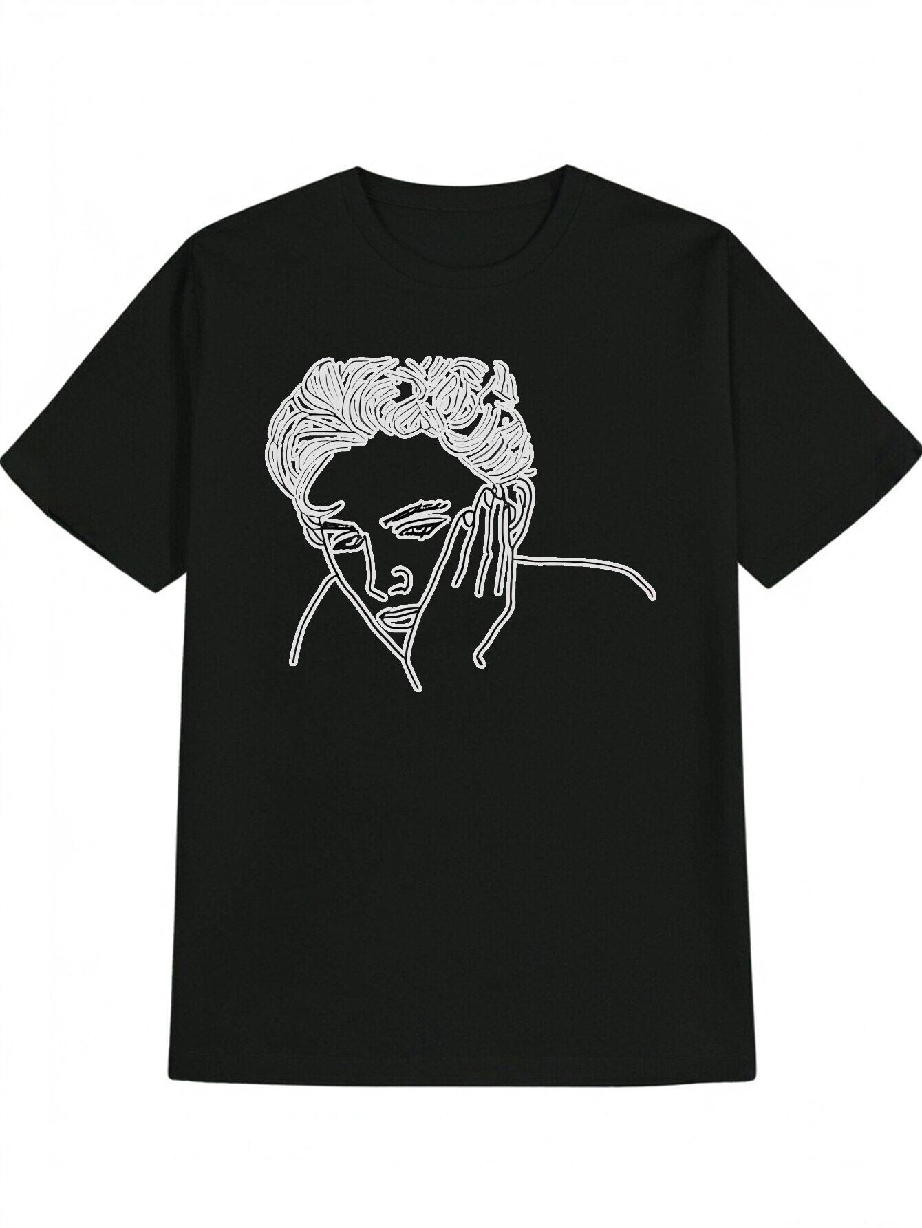 Casual Crew Neck T-shirt with Artistic Black & White Portrait Print – Soft Polyester Fabric XXXXL