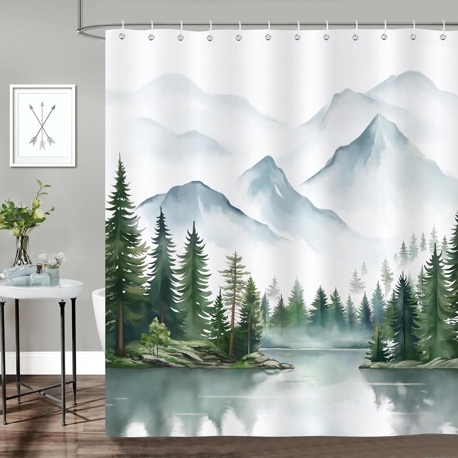 

Watercolor fog forest shower curtain mountain tree lake natural green landscape bathroom shower curtain, 180 x 180cm W90xH180cm