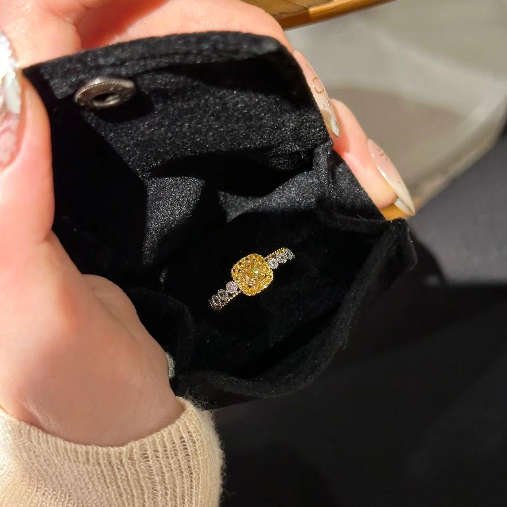 Yellow Diamond Sugar Cube Ring, Female High-End Light Luxury Zircon Plant System, Opening Adjustable Diamond Ring