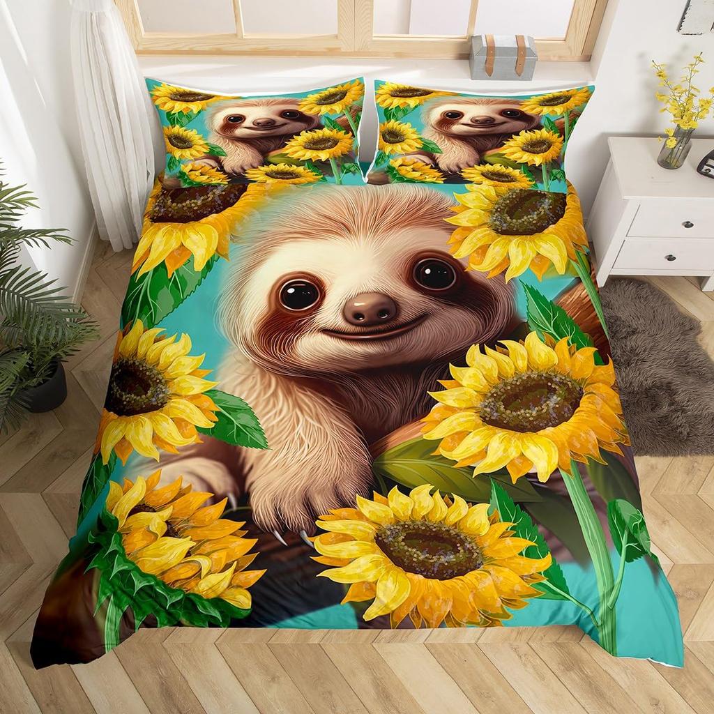 Cute Sloth Duvet Cover Watercolor Floral Bedding Set Lovely Jungle Animal Comforter Cover Twin King Kawaii Sloth Bedspread Cover