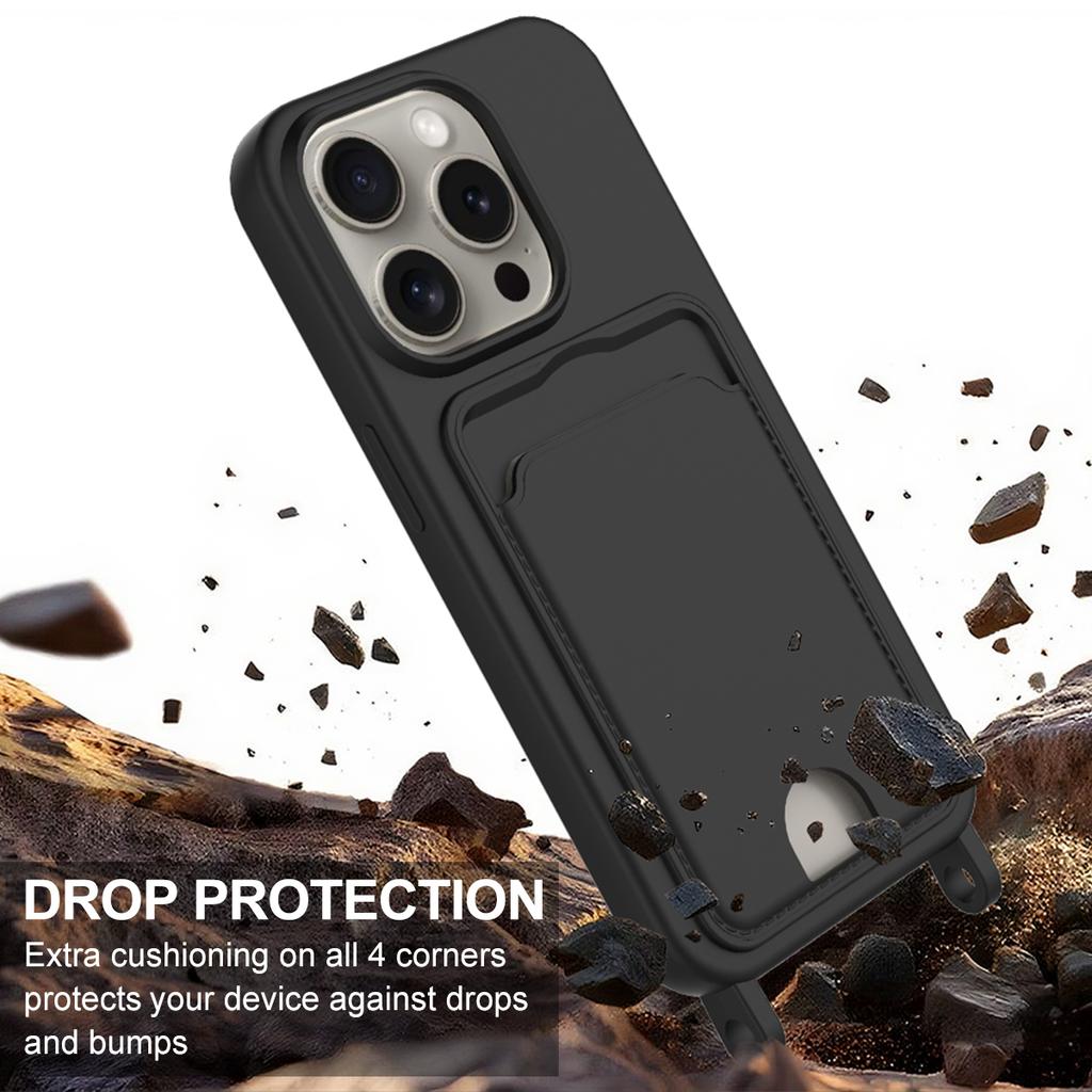 For iPhone 14 Pro Max Liquid Silicone Case Phone Back Cover with Card Holder and Short Strap