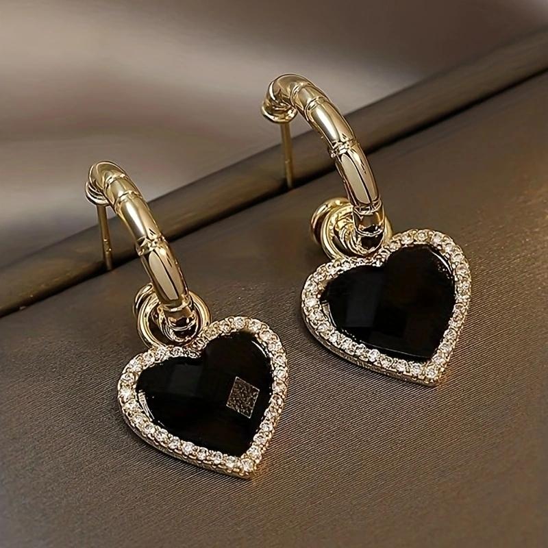 1 Paar Strass-Herz-Tropfen-Ohrringe Schwarze Herz-Ohrringe Simple Sense 925 Silber Nadel Luxus-Ohrstecker für Frauen