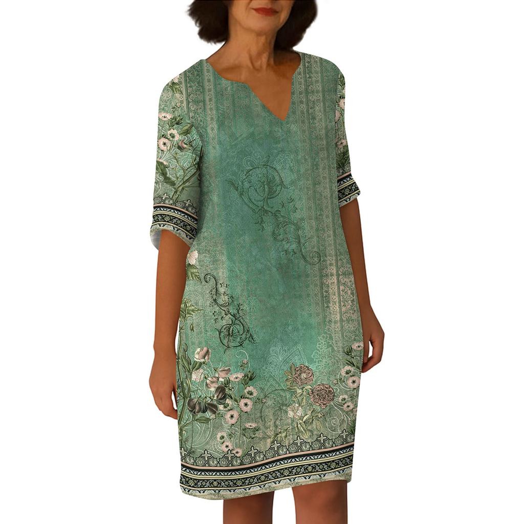 Dresses For Womens Vintage Print Tunic Waisted Midi Dress Summer Casual  Half Sleeve Dress