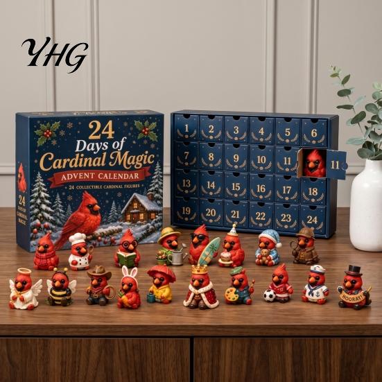 PVC Action Figures Red Bird Christmas Advent Calendar, 24 Unique Miniature Holiday Ornament Set Figurines, Tree Hanging Ornaments for Gifts Desk Decor