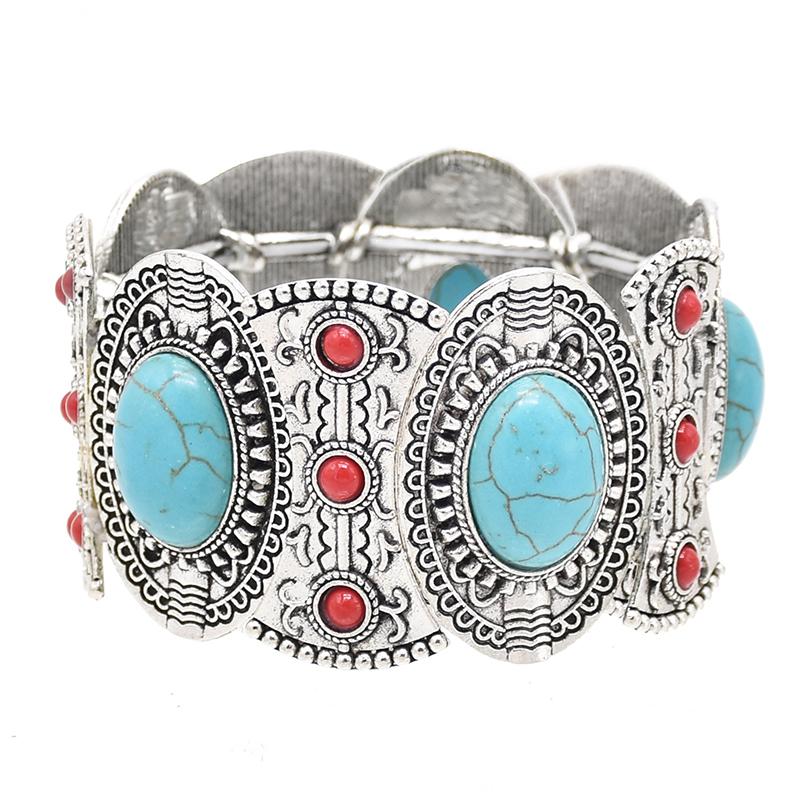 Vintage Boho Imitation Turquoises Elastic Bracelets Bangles for Women Ethnic Carved Silver Color Metal Bracelet Vacation Jewelry